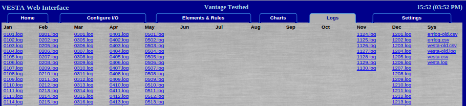 A screenshot of the Logs tab of the vesta homepage